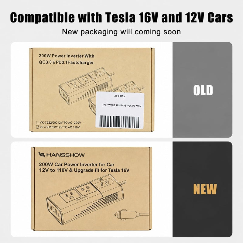200W Car Power Inverter DC 12V to 110V AC Outlet fit for Tesla/Car/Truck | for 12V/16V, Dual AC Outlet Adapter 30W USB-C &18W USB Fast Car Converter with LED Display for Road Trip Travel Camping Gift