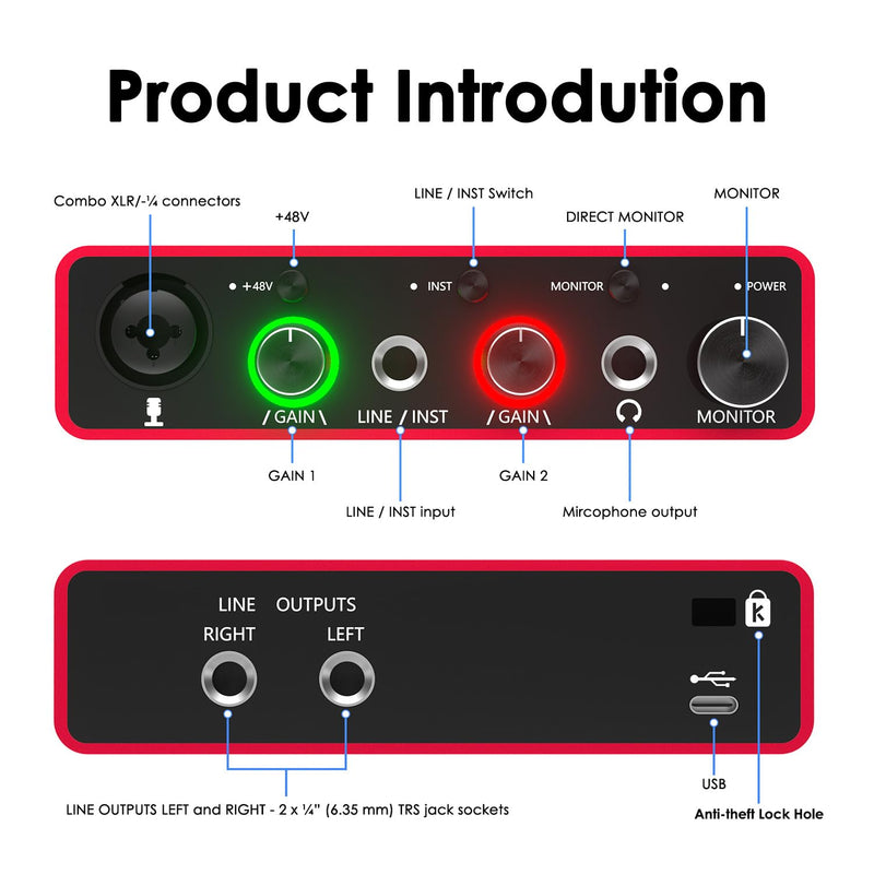 Solo USB Audio Interface for Recording Podcasts and Streaming,24-bit/192kHz,Plug and Play for Professional Recording,XLR Power Supply, Red Audio Interface,for PC and Mac,Noise-Free. Solo USB Audio Interface