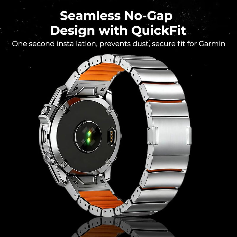 26mm Titanium Quickfit Watch Band with Hybrid Silicone Lining Compatible for Garmin Instinct 3 50mm/Fenix 8 51mm, 22mm No Gap Band for Fenix 8 47mm/E 47mm/Fenix 6 Pro, Anti-Slip, No Hair Pull black orange 26mm