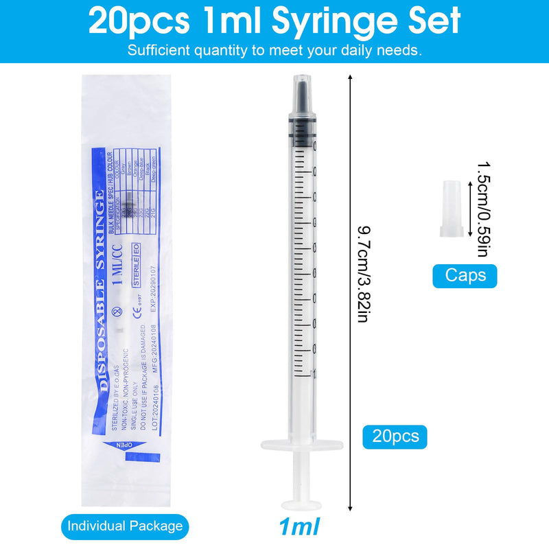 1 ml Syringe, Pack of 20 Reusable Colostrum Syringe, Dosing Syringe Without Needle with Caps, Food Syringe for Small Pet Feeding, Liquid Measure Syringes, Laboratory, Industry 1 ml, 20 pieces