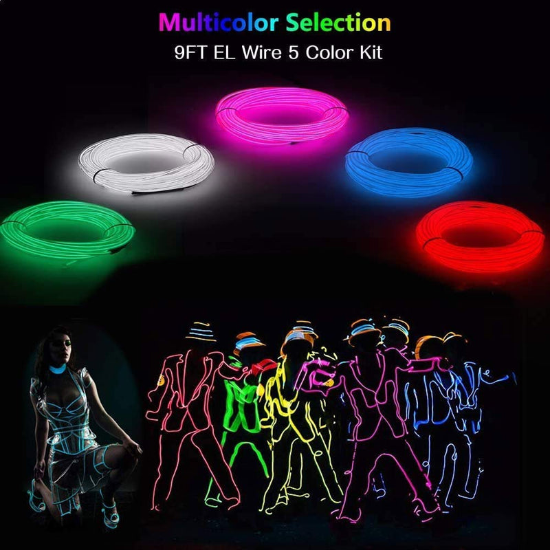 EL Wire 5 Pack, 9ft Neon Light Wire Noise Reduction with Battery Pack(Green, Blue, Red, White, Pink)â€¦ (9ft)