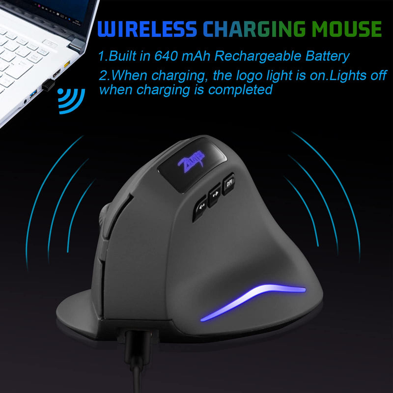 Wireless Vertical Mouse, 2.4G Wireless Ergonomic Vertical Computer Mouse with 3 Adjustable DPI 1000/1600/2400, Rechargeable Laptop Mouse-Reduce Wrist Pain Compatible with PC, Desktop,Mac (Black)… Black
