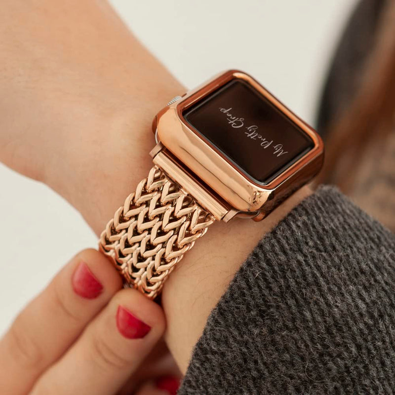 My Pretty Strap Rose Gold Apple Watch Band & Glossy XOXO Protective Case Bundle – Elegant Stainless Steel Strap & Luxury Metal Cover for Apple Watch Series 1-11, SE & Ultra (42MM) Mermaid
