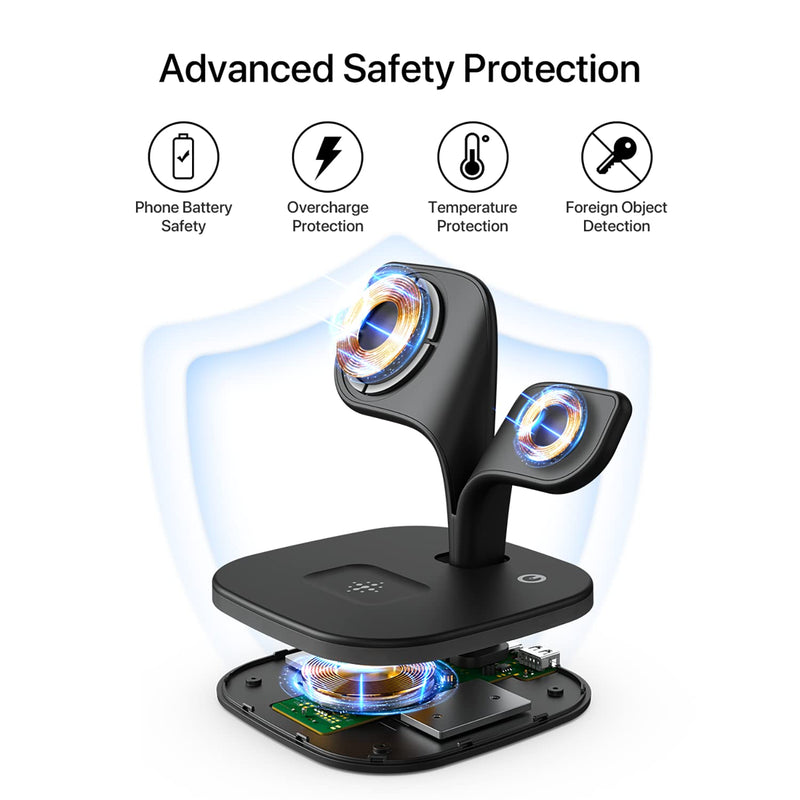 Magnetic Charging Station, EXW 5 in 1 Faster Mag-Safe Wireless Charger Stand for iPhone 14,13,12 Pro/Max/Mini/Plus, Apple Watch 8/7/6/SE/5/4/3/2 and Airpods 3/2/Pro/Pro 2 with LED and Adapter (Black) Black