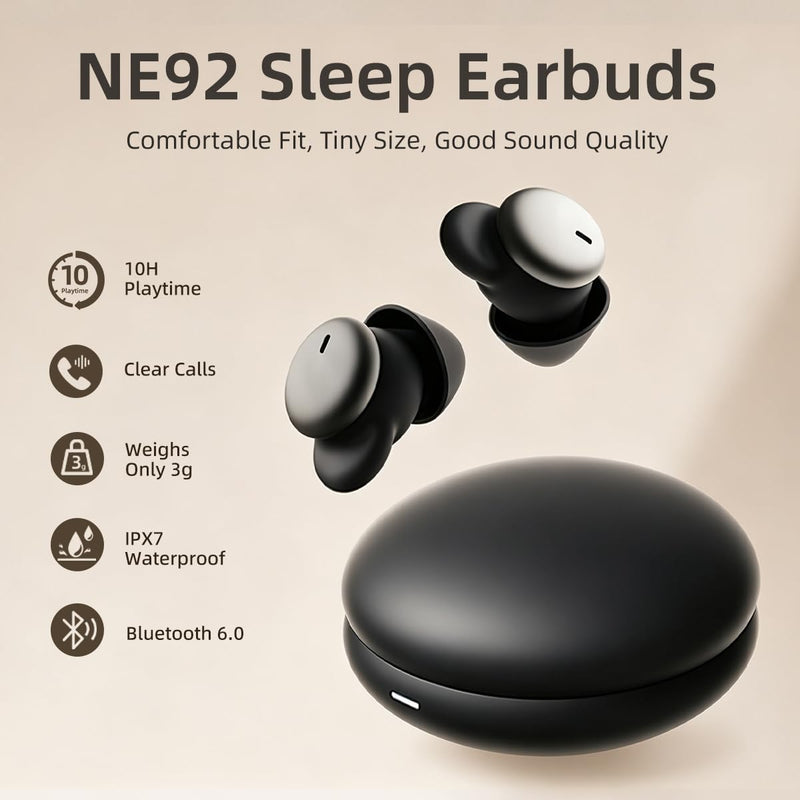 NE92 Sleep Ear Buds Adaptive Noise Cancelling Earbuds Bluetooth 6.0 Wireless Headphones 40H Playtime Hi-Fi Stereo Sound Mini Invisible Earplugs for Side Sleepers Small Earphones for Work/Hiking/Travel Black