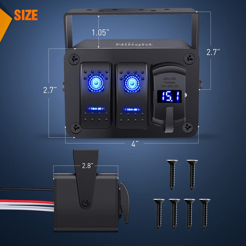 Nilight 2 Gang Rocker Switch Box 12V SPST ON Off PD Type C and QC 3.0 USB Charger Voltmeter Waterproof Aluminum Panel DIY Stickers for Boats Cars RVs Trucks Blue+Box 3 Gang Type C +USB