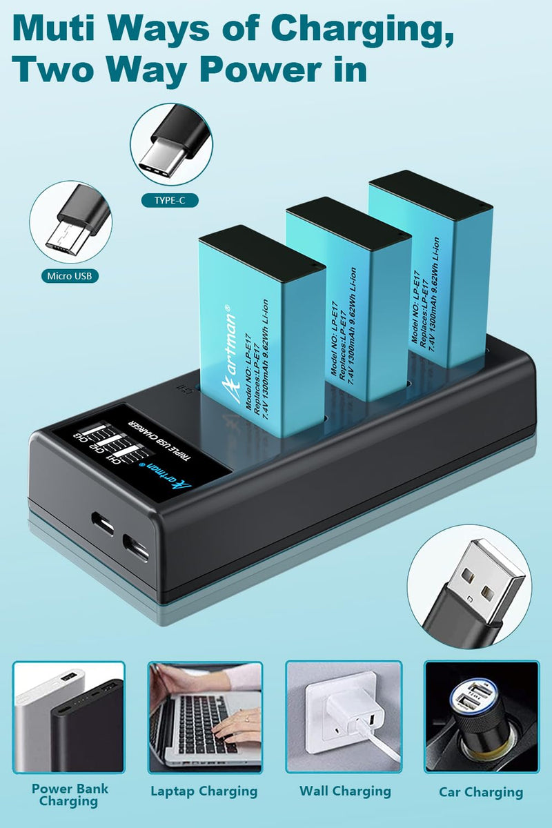 Artman 3-Pack LP-E17 Batteries 1300mAh and 3-Channel LCD Charger Pack for Canon EOS RP R10 R8 R50 Rebel T6i T7i T8i T6s SL2 SL3 EOS M3 M5 M6 200D 77D 750D 760D 800D 8000D KISS X8i Camera 3-Pack*Blue