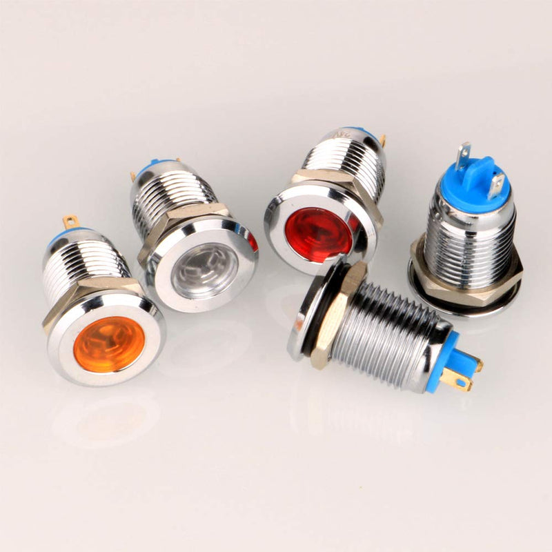 5pcs 12mm AC/DC 12-24V Stainless Steel Waterproof LED Indicator Light Metal Shell Pilot Custom Dash Signal Lamp Concave Head 12mm Without wire