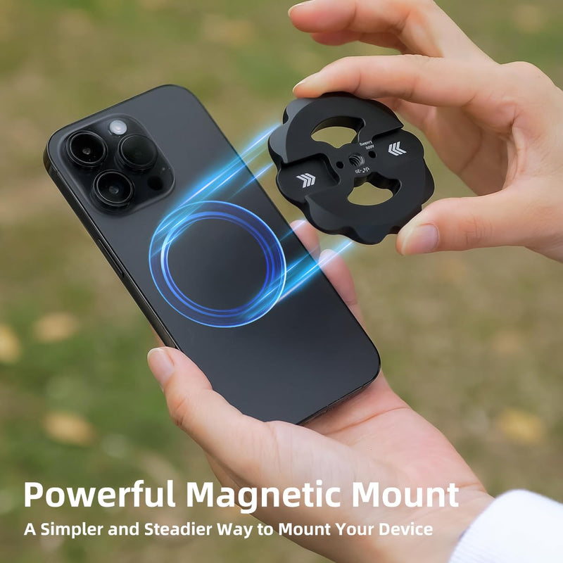 [AUSTRALIA] - Sunflower Shape Magnetic Phone Tripod Mount Adapter with 1/4-20 Thread, 2 Cold Shoe Compatible with iPhone 17 16 15 Pro Max 15 Plus 14 13 12, iPhone Video Recording Selfie Stick Ring Light, Black 
