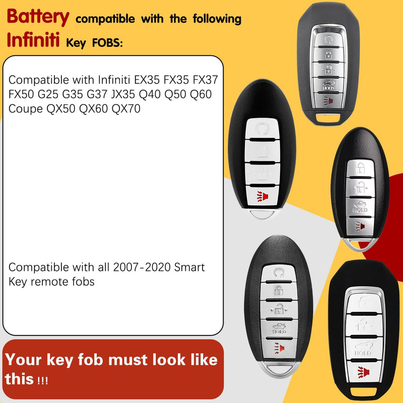 Car Fob Key Replacement Batteries for Infiniti (2007-2020) EX35 FX35 FX37 FX50 G25 G35 G37 JX35 Q40 Q50 Q60 Coupe QX50 QX60 QX70 Smart Remote Battery (Pack of 2) (Check Fitment Guide)