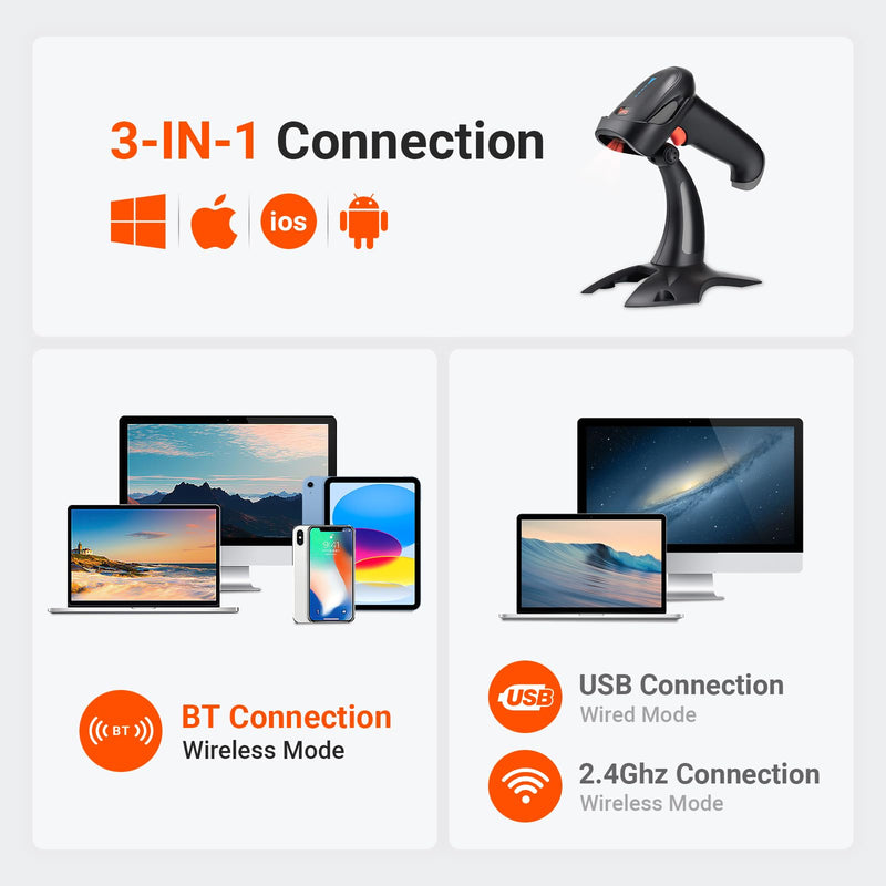 [AUSTRALIA] - Tera Barcode Scanner Wireless 1D 2D QR with Stand: Battery Level Indicator 3 in 1 Works with Bluetooth 2.4G Wireless USB Wired Handheld Bar Code Reader with Vibration Alert HW0002 Grey 