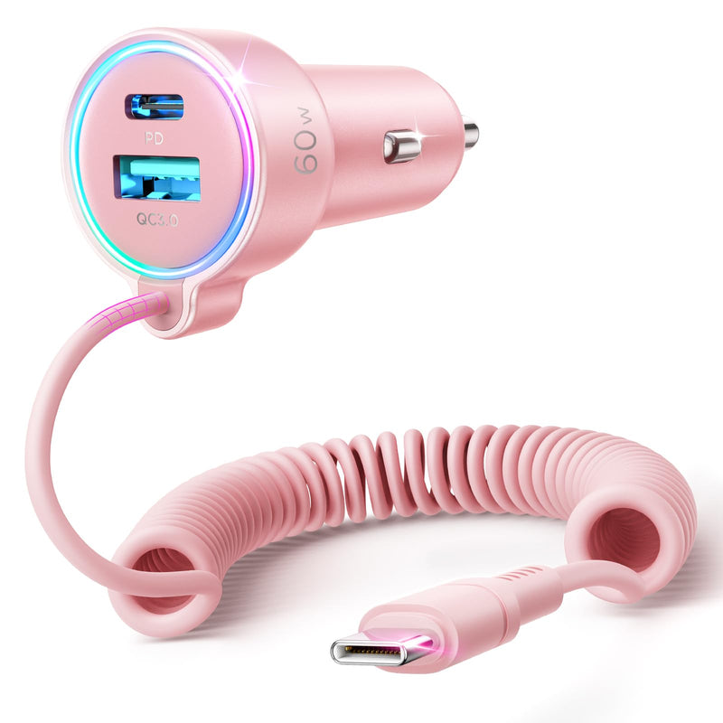 USB C 60W Super Fast Car Charger PD& QC3.0 with 5ft 30W Type C Coiled Cable, Car Phone Charger Adapter for iPhone 15 Pro Max Plus, Samsung Galaxy S23/S22/S21, Google Pixel/Moto/LG/Android, iPad Pro
