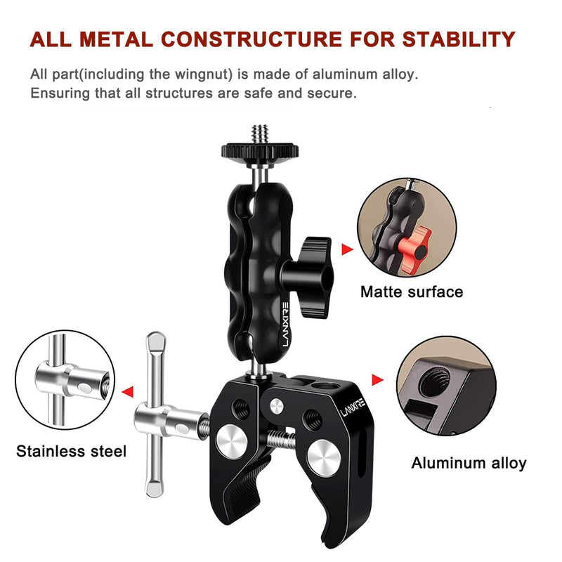 [AUSTRALIA] - Camera Mount Clamp with Double Ball Head Adapter - 2 Pack. Compatible with LED Lights, Gopro, Insta360, DJI Action, Ronin-M, Ronin MX. 360° Ballhead and 1/4’’ + 3/8’’ Thread Hole. 