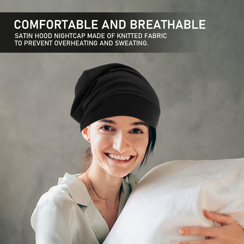 1 x Sleep Cap, Women's Hair Hat, Adjustable Elastic Bandana, Satin Jumper Hat, Toe Cap, Breathable and Warm Hat, Hair Cap for Sleeping (Black)