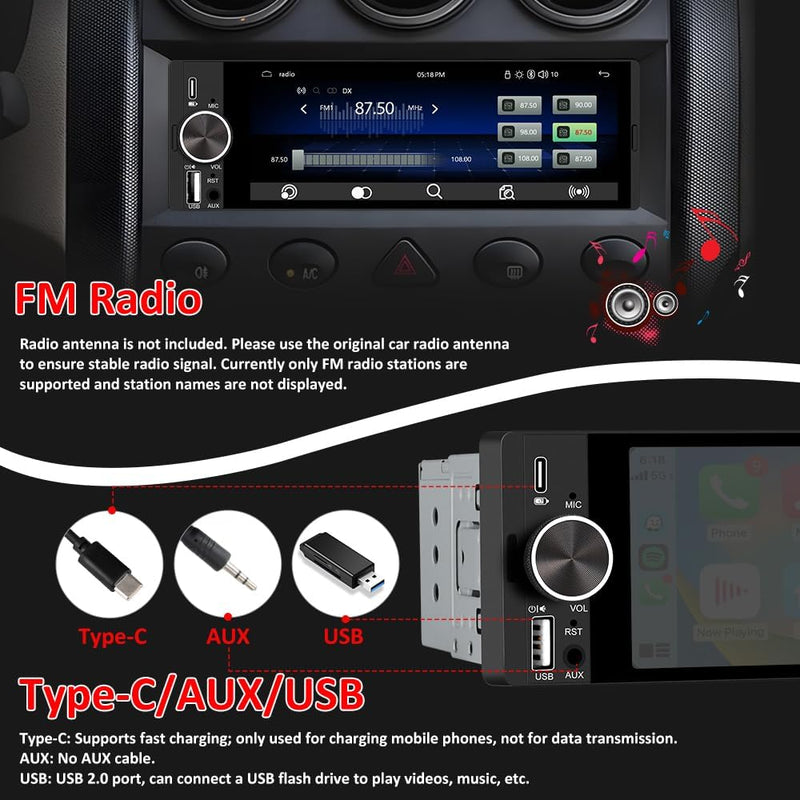 Single Din Radio Car Stereo with CarPlay & Android Auto, 6.28 Inch HD Touch CarPlay Screen, Backup Cam,Bluetooth, MP5,USB Type-C, SWC, EQ, FM Radio with External Mic black