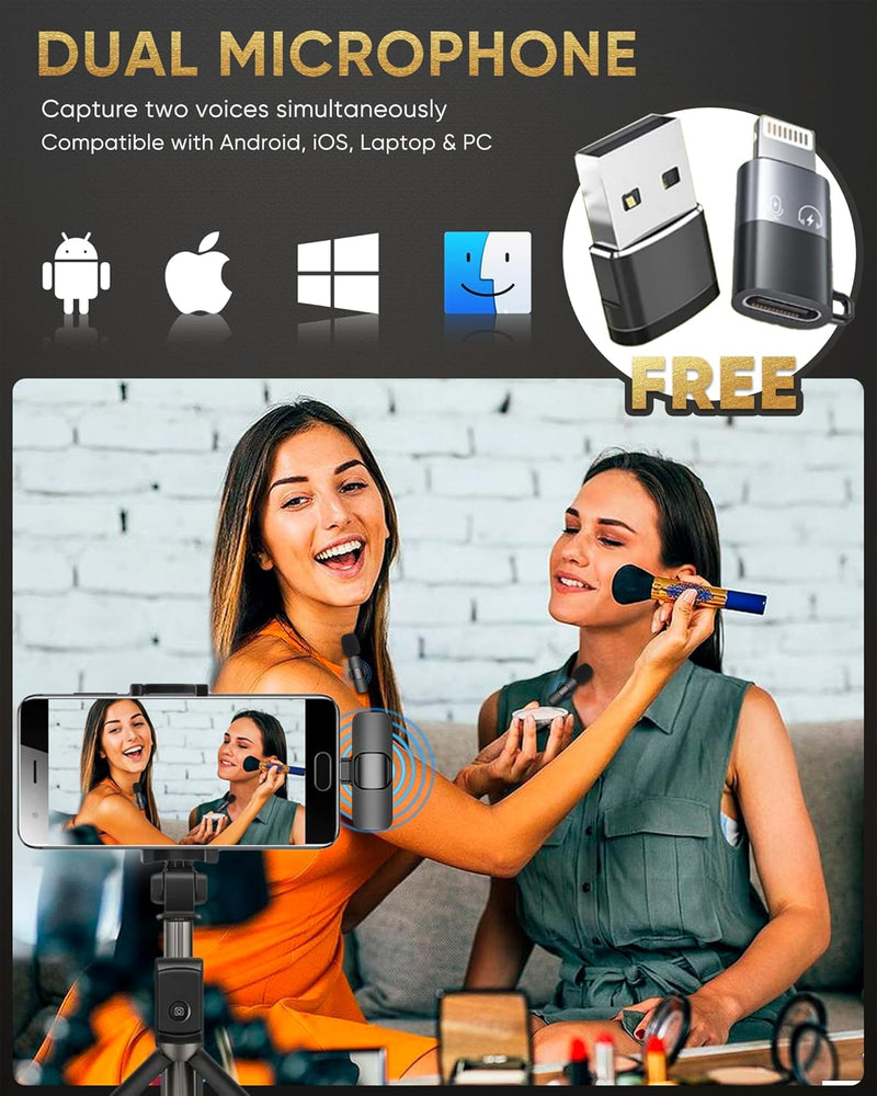 Wireless Lavalier Microphone for Android/iPhone/Computer/Laptop, Wireless Mic for iPhone15 with Noise Reduction Chip, Mini Microphone for Recording Podcast YouTube, TikTok(2 Pack)