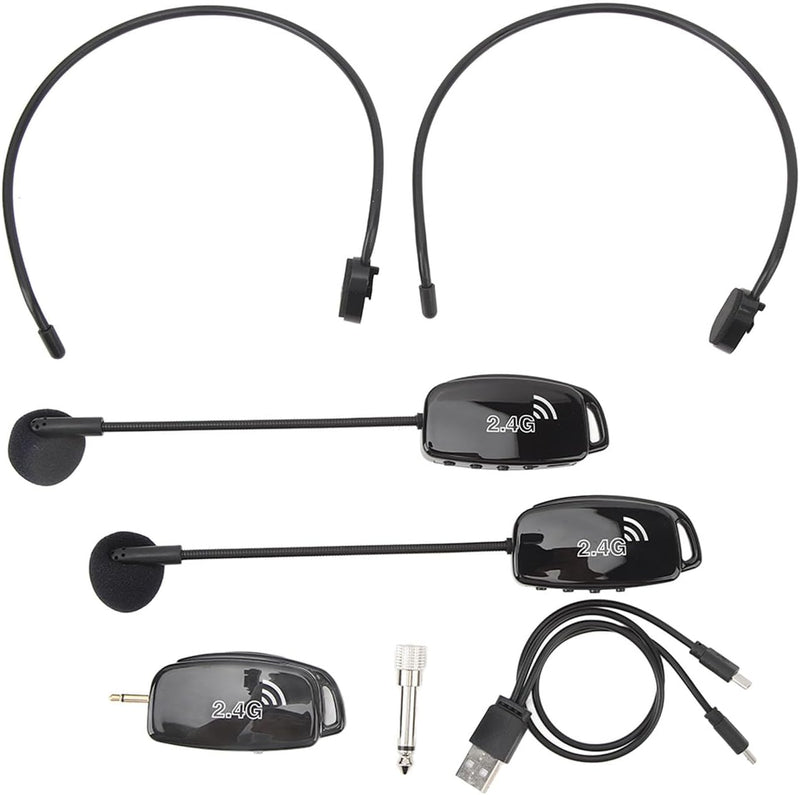 Wireless Microphone Headset Double Professional: Cordless Mic Head for Two People, Heads Handheld Mics 2 in 1- USB-C Rechargeable - 1/4'' and 1/8'' Plug for PA System, Voice Amplifier,Teaching,Fitness Black1