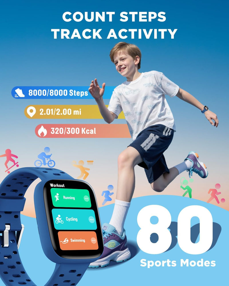 [AUSTRALIA] - Smart Watch for Kids No Phone No APP Needed, 1.83" AMOLED Screen Fitness Tracker Watch with Pedometer, Kids Smart Watch with Heart Rate/Sleep Monitor, IP68 Waterproof for Boys Girls 5-12 Blue 