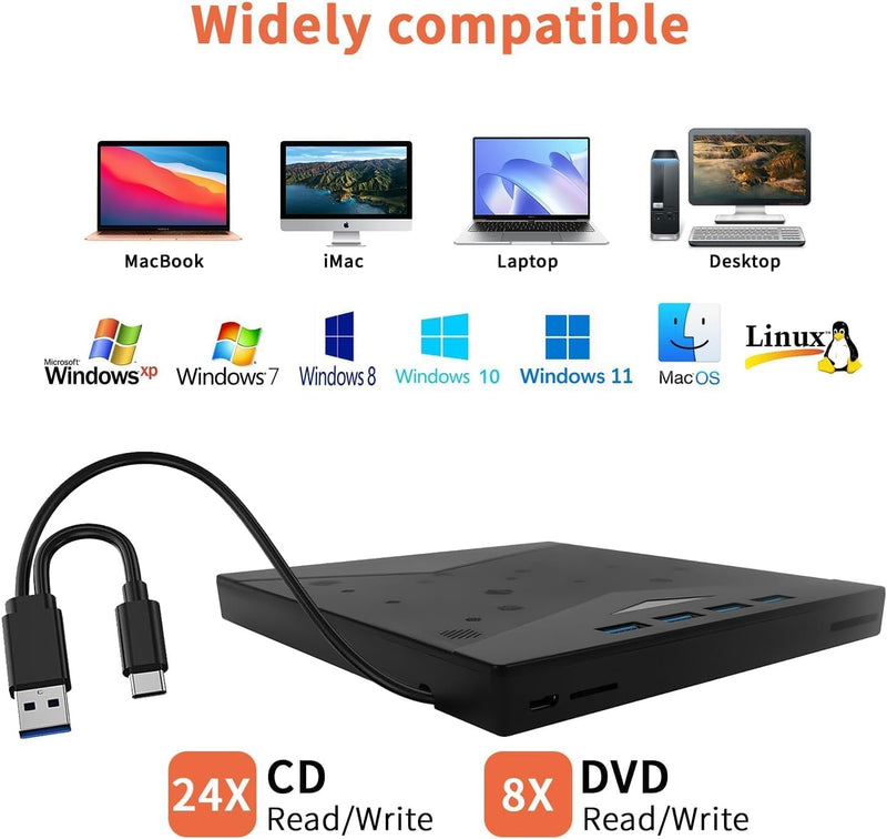[AUSTRALIA] - External CD/DVD Drive for PC, Portable 7 in1 USB 3.0 CD Drive External Usb, CD Reader for PC CD Burner with 4 USB Ports and TF/SD Card Slots, External Dvd Burner for Windows 11/10/8/7/XP/Linux/MacOS 7 in 1 