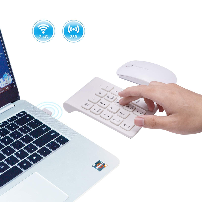 Wireless Numeric Keypad, TRELC Mini 2.4G 18 Keys Number Pad, Portable Silent Financial Accounting Numeric Keypad Keyboard Extensions with Wireless Mouse for Laptop, PC, Desktop, Notebook (White) White