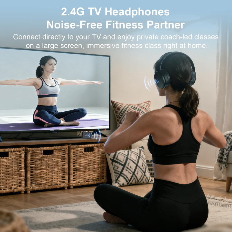 Wireless Headphones for TV, Bluetooth & 2.4G Dual-Mode Headphones with Transmitter Box, 5 Equalizer Presets with Clear Dialogue, Built-in mic for Calls, TV Ear Headsets, Black