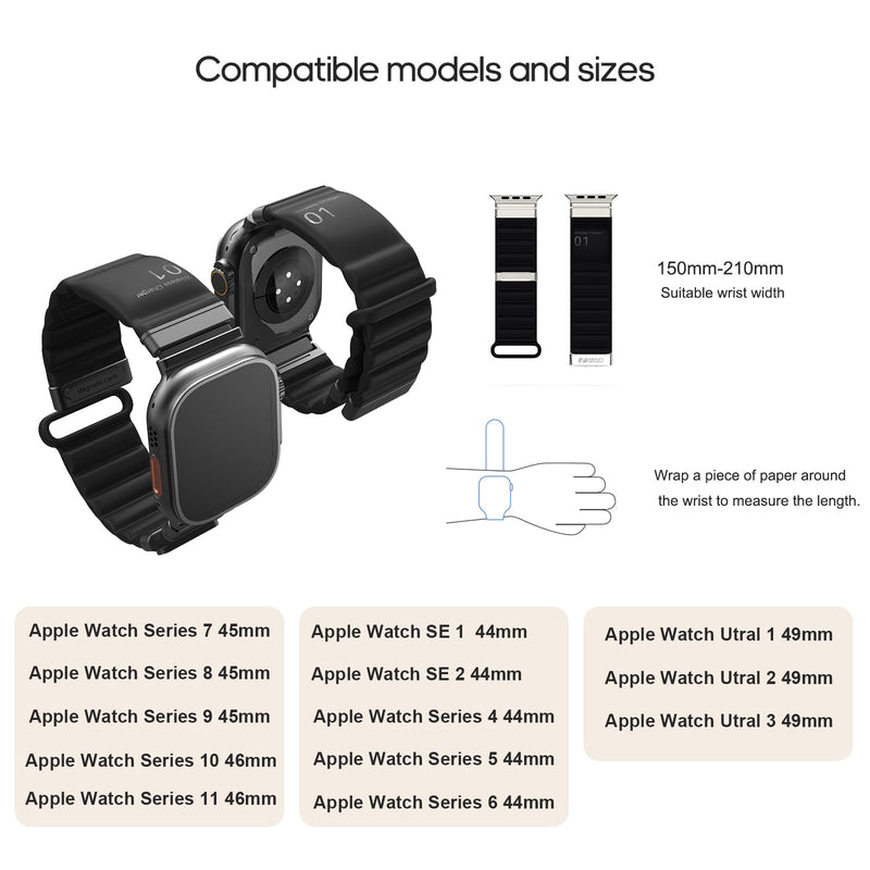 Energy Link Compatible with Apple Watch Band 42mm 44mm 45mm 49mm for Women Man, Band Charging, Silicone material, Outdoor Waterproof Black+Black metallic 44mm-49mm L(150mm-210mm)