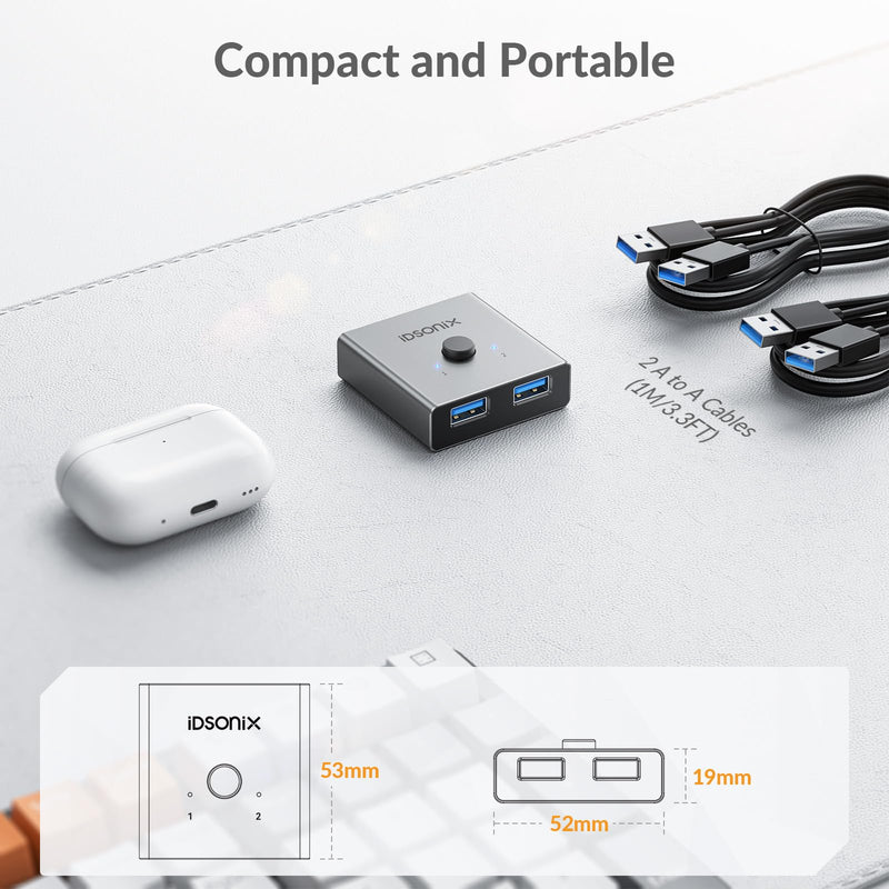 IDsonix USB 3.0 Switch for 2 Computers Share 1 Device | 1 in 2 Out Bi-Directional For Printers/Keyboards/Mice, 5Gbps Plug and Play Switcher Support CarPlay,Android Auto,Aluminum Aluminum