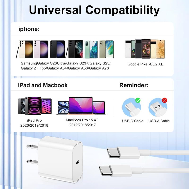 [AUSTRALIA] - iPhone 15 Charger 10 Ft with 20w USB C Charger Block,2-Pack 20W Fast Wall Charger for 15/15 Pro/Pro Max/iPad Pro AirPods/Samsung and More, with 2 Pack 10ft USB-C Cable 2Pack-10FT White 