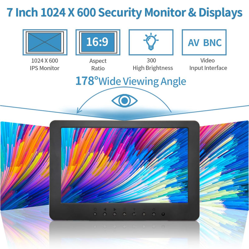 7 inch LCD Security Monitor & Displays,BNC/AV Input,Built-in Dual Speakers Portable Monitor,1024 * 600 Resolution,Suitable for CCTV DVD CCD TV 7″Monitor