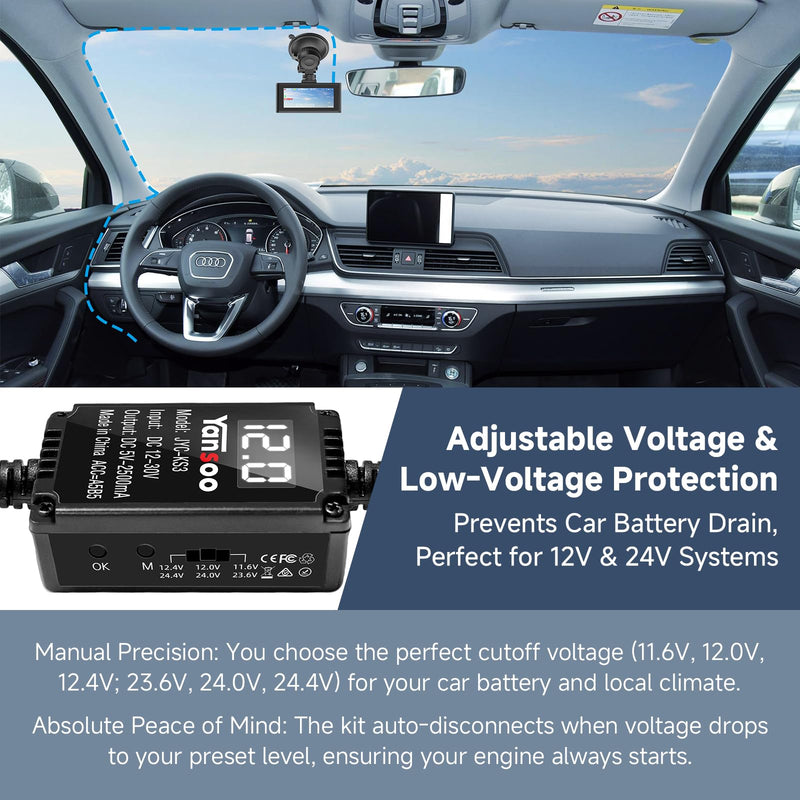 [AUSTRALIA] - Dash Cam Hardwire Kit with Digital Voltage Display & Adjustable Protection, 12V-24V to 5V/3A, 3-Lead USB-C Hardwire Kit w/Low Voltage Cutoff & 24H Parking Mode, Car Truck SUV KS3 