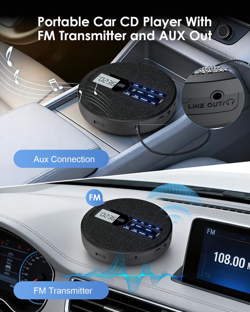[AUSTRALIA] - Portable CD Player for Car with FM Transmitter, Rechargeable Small CD Player with Bluetooth & Dual Speakers for Home, Anti-Skip, Resume Playback, AUX/USB, Backlit LCD Display, Headphones 