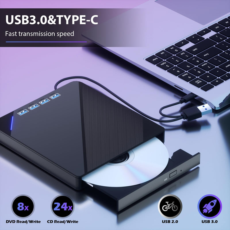 7 IN1External CD/DVD Drive for Laptop, CD Burner CD/DVD +/-RW Optical Drive, Slim Portable DVD CD ROM Rewriter Writer Duplicator for Laptop Desktop PC Windows 11/10/8/7 MacBook Mac Linux OS