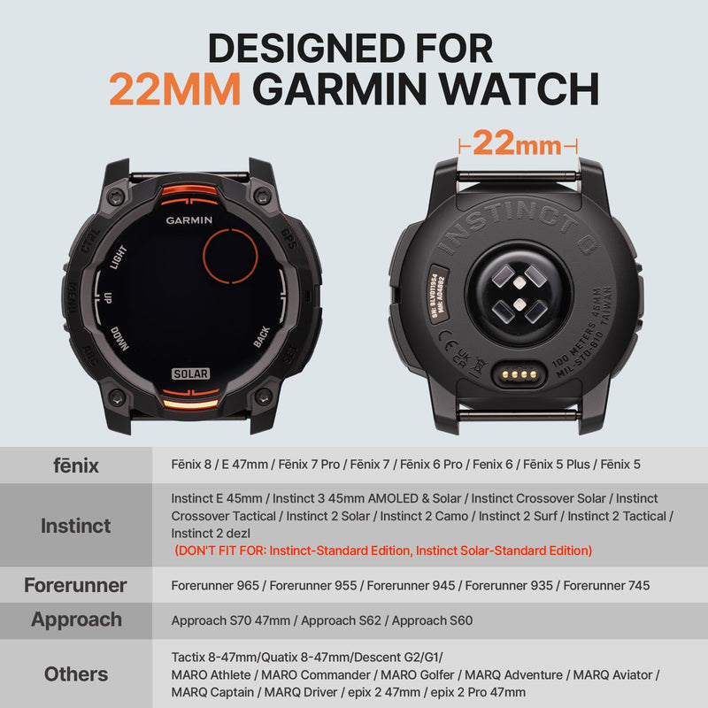 Bandletic Magnetic Band Compatible with Garmin Watch Quick Fit 22mm | 17 N52 Magnets + Snap Button, Stays on Arm During Sports, For Instinct E/3 45mm/2/Fenix E/8 47mm/7/6/5/Forerunner 970/965/955 Black/Orange
