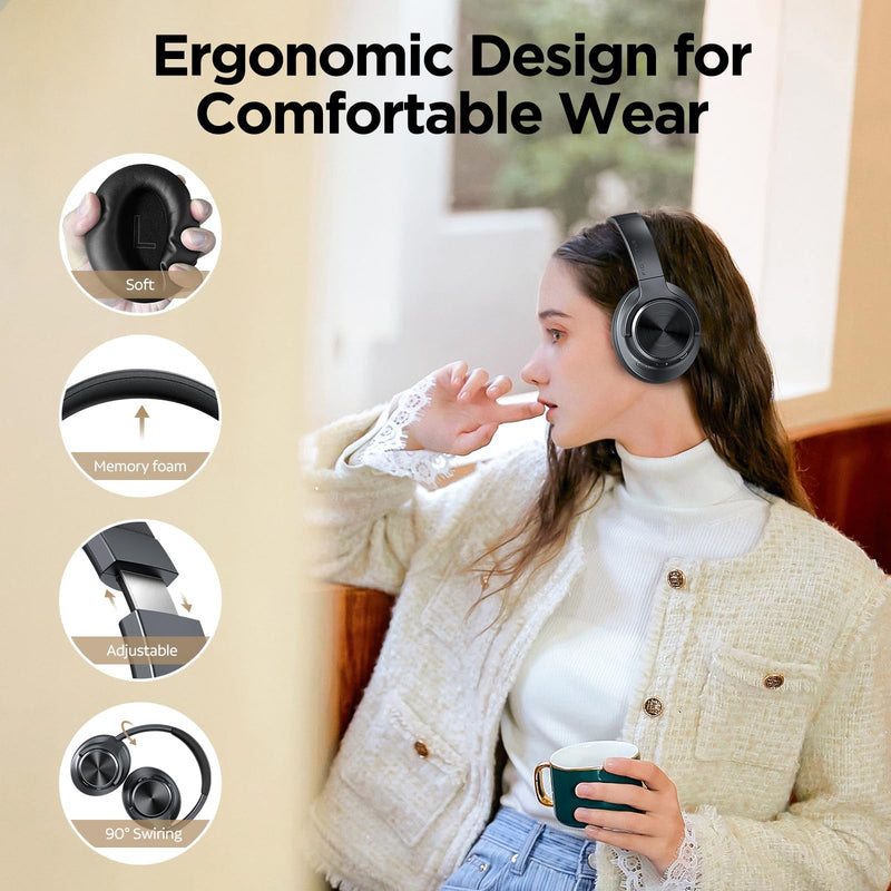 Hybrid Active Noise Cancelling Headphones 130H Wireless Over Ear Headphones | Bluetooth, Hi-Res Sound, Deep Bass, Spatial Audio, Dual Connection, Custom EQ via App, Comfortable Fit for Travel Home Office Black