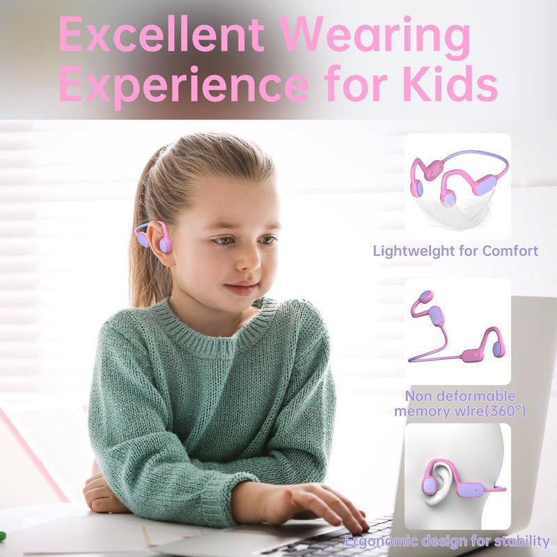 Kids Headphones, Bluetooth 5.2 Air Conduction Open Ear Headphones, 85dB Volume Limiting, Stereo Sound with Mic, IPX5 Waterproof, 20H Playtime, Perfect for School and Outdoor-Pink PinK