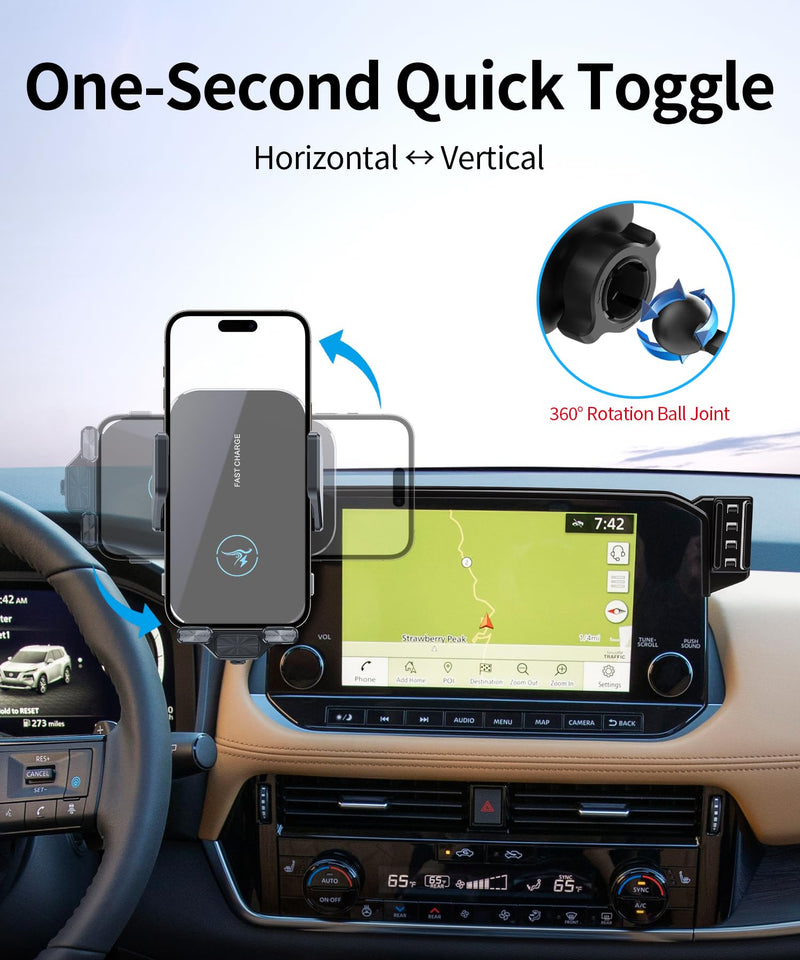 Wireless Charger Car Phone Holder for 2021-2023 Nissan Rogue 9-inch Screen | Auto Clamp Cell Phone Mount Accessories 15W Qi Fast Charging Stand Compatible with iPhone Android,360° Navigation Bracket