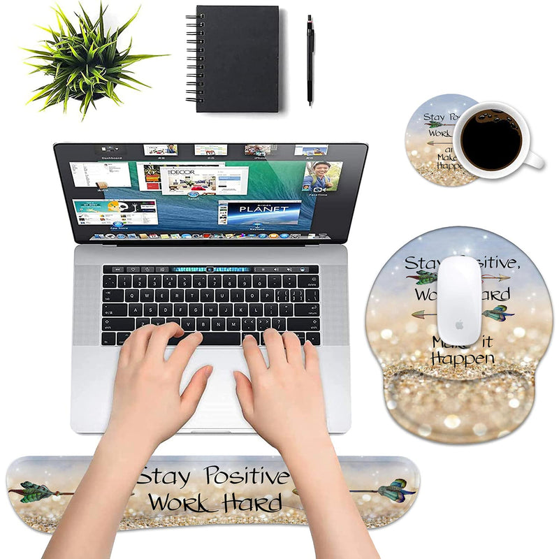 Keyboard Wrist Rest and Mouse Pad Wrist Support Set with Coasters,Stay Positive Work Hard and Make It Happen Inspirational Quote Wrist Mouse Pad with Non-Slip PU Base for Computer Laptop Home Office