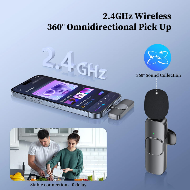 ZasLuke 2 Pack Wireless Lavalier Microphone for iPhone & iPad, Mini Microphone for Video Recording, Ultra-Low Delay Noise Canceling Microphone for Vlog, YouTube, TikTok, Black