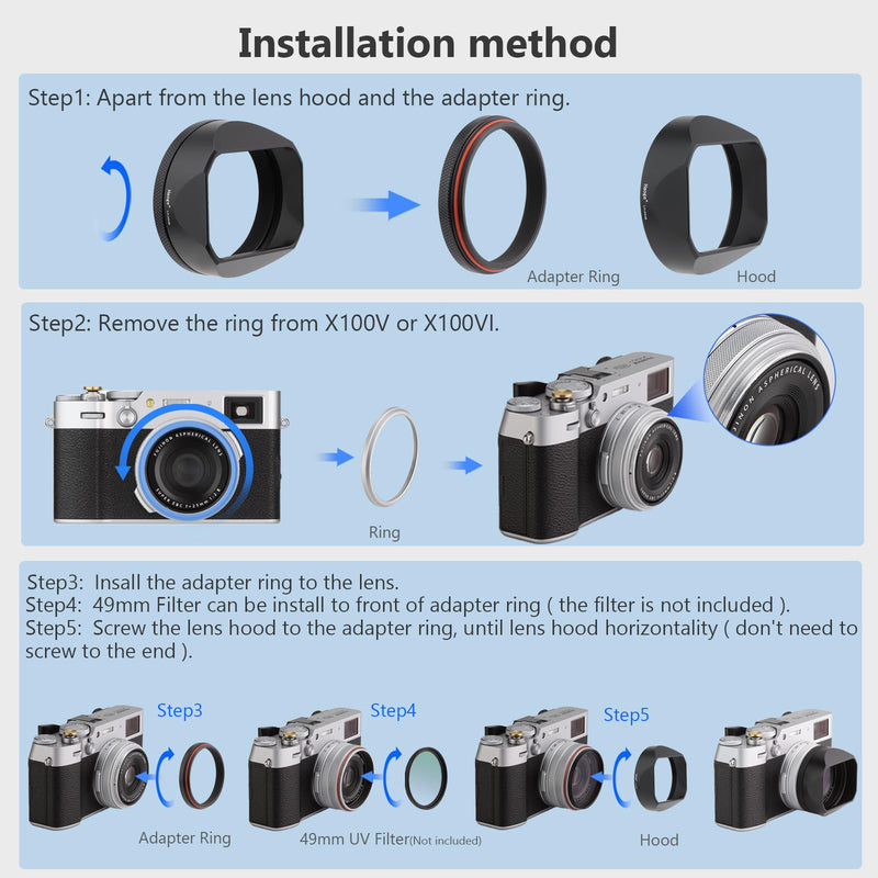 [AUSTRALIA] - Haoge LH-X54B Square Metal Lens Hood with 49mm Adapter Ring for Fujifilm X100VI Fuji X100V Camera Black 