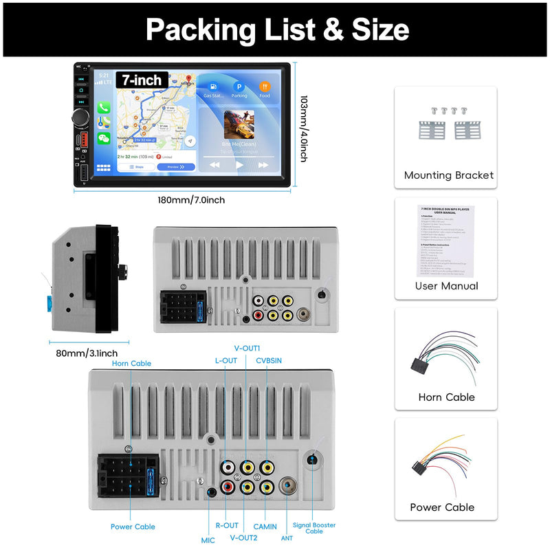 Double Din Car Stereo with Wireless Carplay Android Auto, 7 inch IPS Touch Screen Car Radio Bluetooth Hands-Free Online Video Mirror Link FM Radio EQ USB/SD/AUX Input SWC 7-Inch (New)