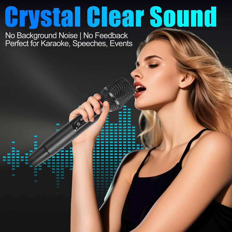 Wireless Microphone System for Karaoke, Dual UHF Metal Wireless Mic with Rechargeable Receiver, for PA System, Speaker, Party, DJ, Wedding, Church (Black) Black