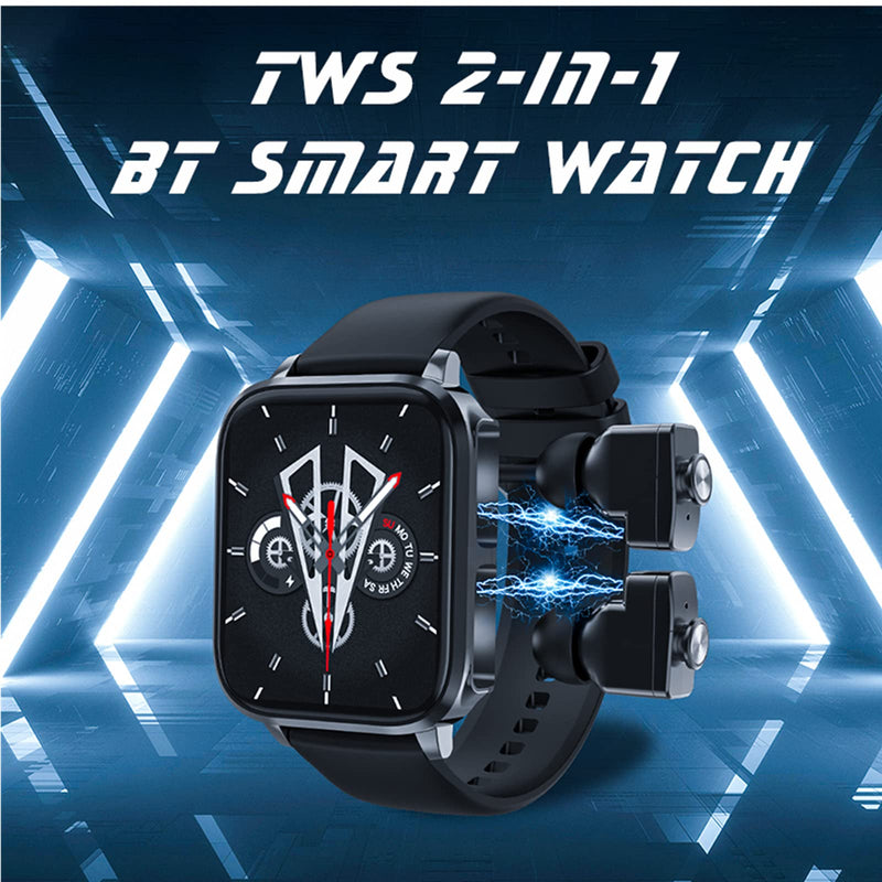 Tuanzi T22 1.83 Inch 2 in 1 Smartwatch with Earbuds TWS Wireless Bluetooth Headset Combo Bluetooth Call Heart Rate Blood Pressure Sleep Monitor Women Men Sport Fitness Tracker(T22-Black)