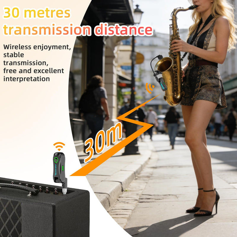 [AUSTRALIA] - Wireless Saxophone Microphone System, Clip-On Instrument Mic for Saxophone Trumpet Trombone Flute, Unidirectional Gooseneck Pickup, 360° Adjustable Clip, Low Latency Long Battery for Performance 