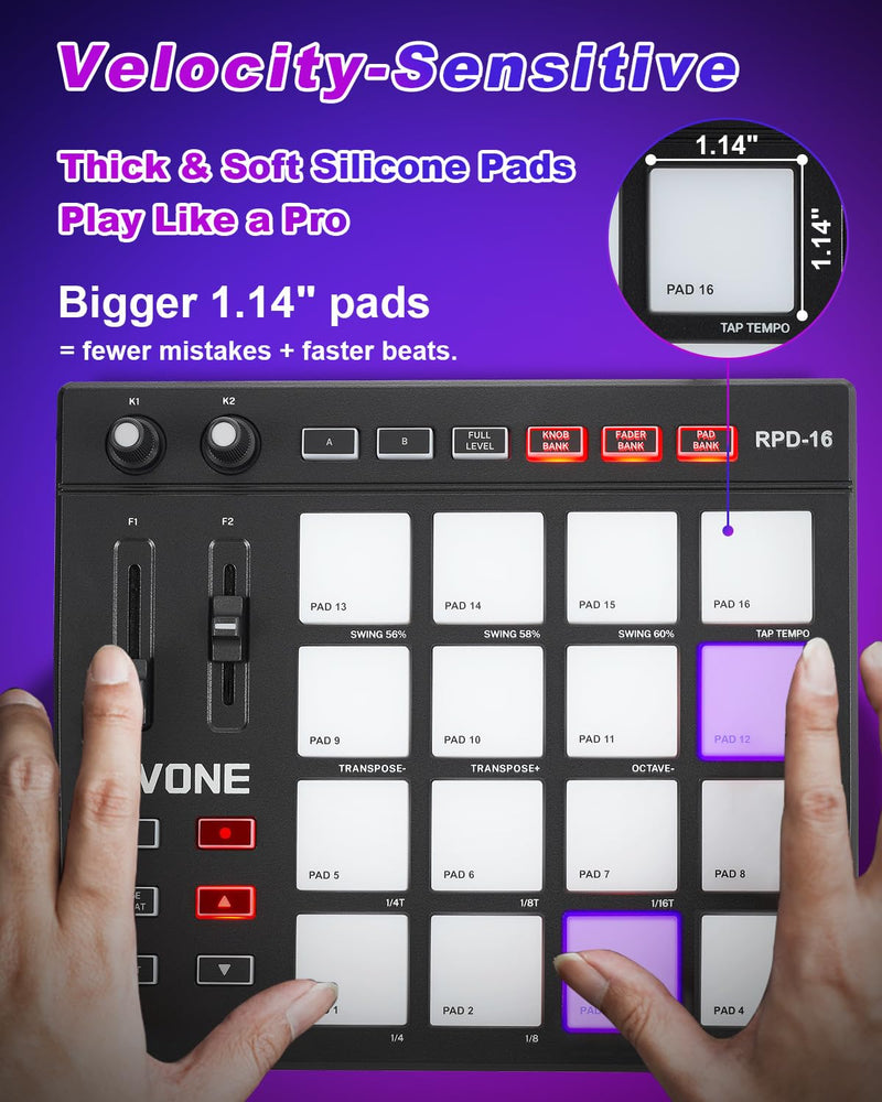 USB MIDI Pad Controller with 16 Velocity Senstive Drum Pads| 7 RGB Lights & DAW Control| 2 Assignable Knobs & Faders| Drum Machine with Note Repeat & Full Level| Plug & Play| Beat Maker Beginner