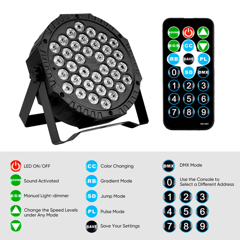 LED Stage DJ Par Lights: RGB 36 LED Uplights with Sound Activated Remote Control - Strobe Light for Parties Events Church Bar Wedding Dance Club DMX Lighting 1 Pack 1 PCS