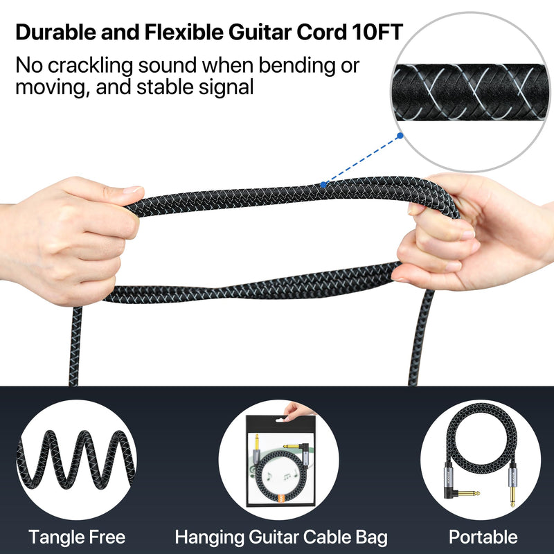 1/4 Inch TS to TS Guitar Cable 20FT Electric Instrument Bass AMP Cord Braided Guitar Cables for Electric Guitar, Bass AMP, Keyboard, Mixer, Equalizer (Straight to Right Angle) Braided Black