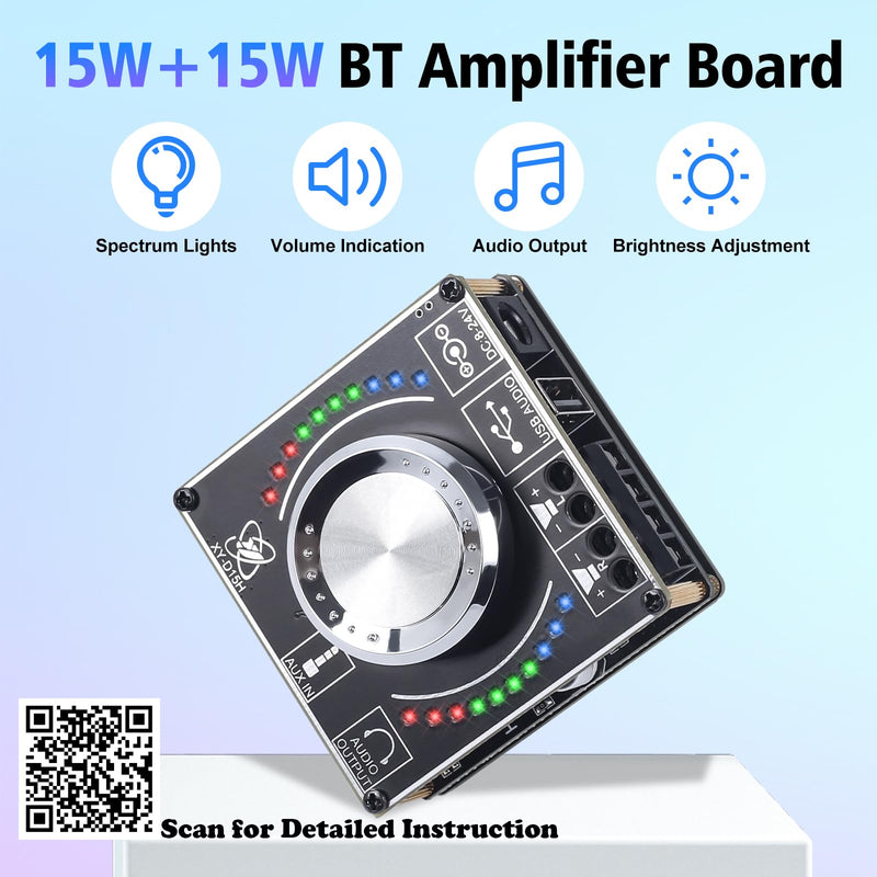 15W+15W Mini Bluetooth Amplifier Board, PEMENOL DC 8-24V Stereo Dual Channel Audio Power Amplifier Module with Music Spectrum Volume Indicator Support Bluetooth Audio U Disk for Home DIY Speaker