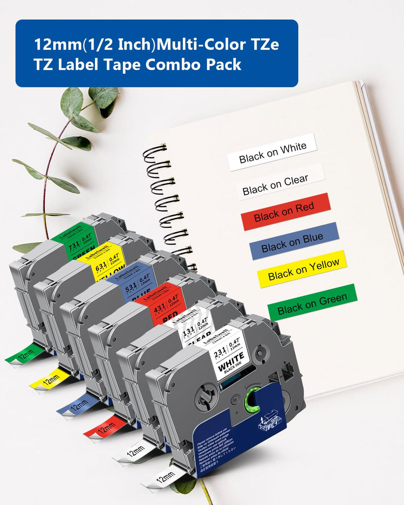 [AUSTRALIA] - 6-Pack 12mm 0.47 Laminated Multi Color Replacement for Brother P Touch Label Tape TZ TZe-231 131 431 531 631 TZe231 for PTouch PT-H110 D210 D220 PT-H103W, Clear/White/Red/Blue/Yellow/Green Black on Clear/White/Red/Bule/Yellow/Green 12mm 0.47 inch 
