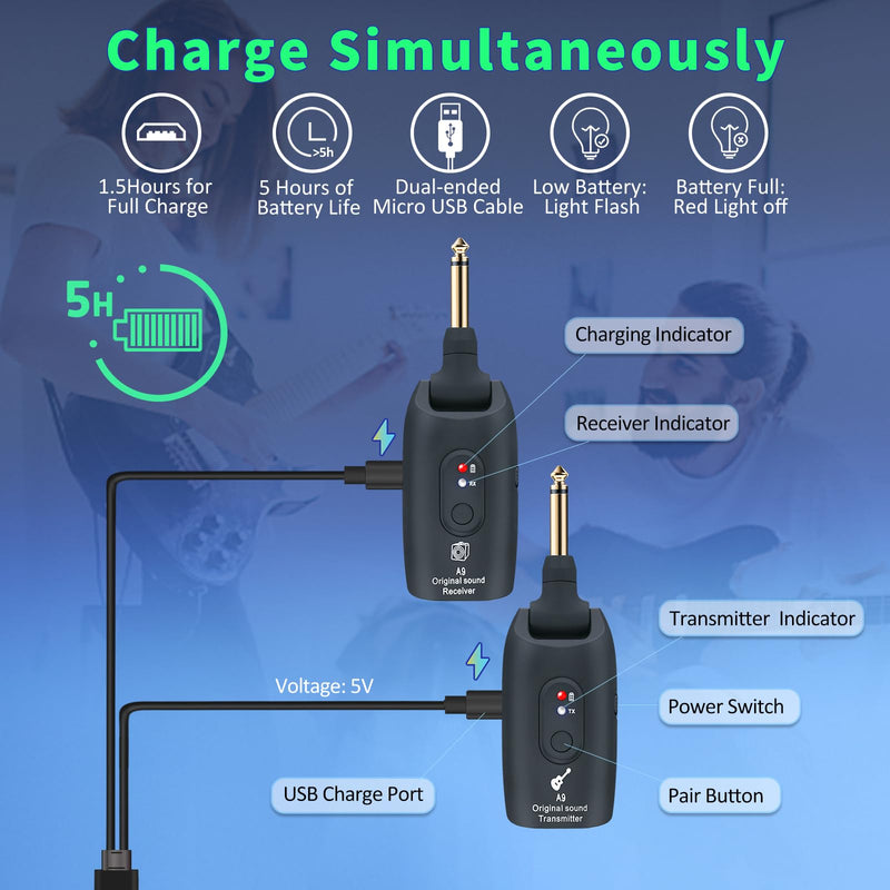 [AUSTRALIA] - A9 Wireless Guitar System - 2.4GHz Guitar Accessories Transmitter Receiver, 24-bit 48KHz Audio, 100ft Range, No Latency, 4-Hour Rechargeable Battery, for Electric Bass (Black(1TX+1RX)) Black 