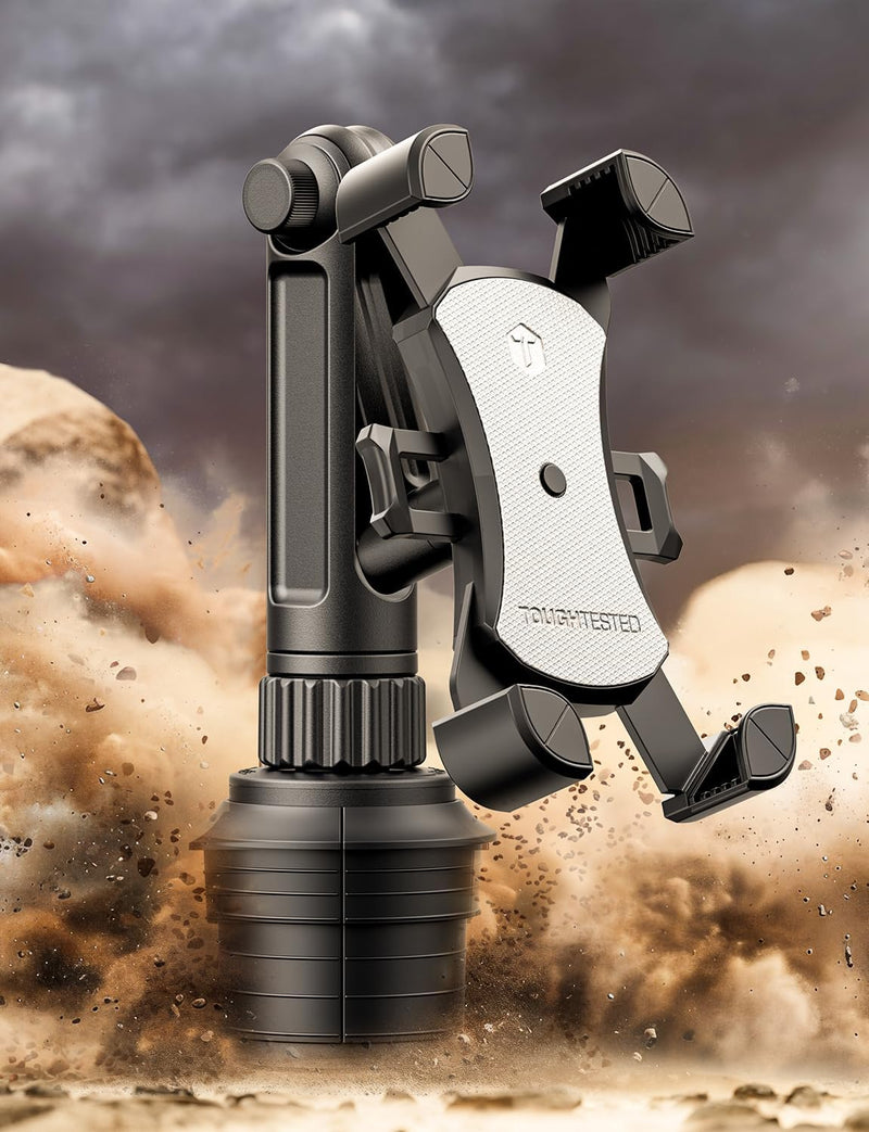 ToughTested Cup Holder Phone Mount, Heavy Duty Boom Arm, Adjustable Grip | Adjustable cell phone holder with a no-vibration boom arm, 360° rotation, quick-release button, and case-friendly design